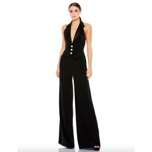 MAC DUGGAL Dress Size 0 Evening Gown Black Tuxedo Halter Jumpsuit NEW
